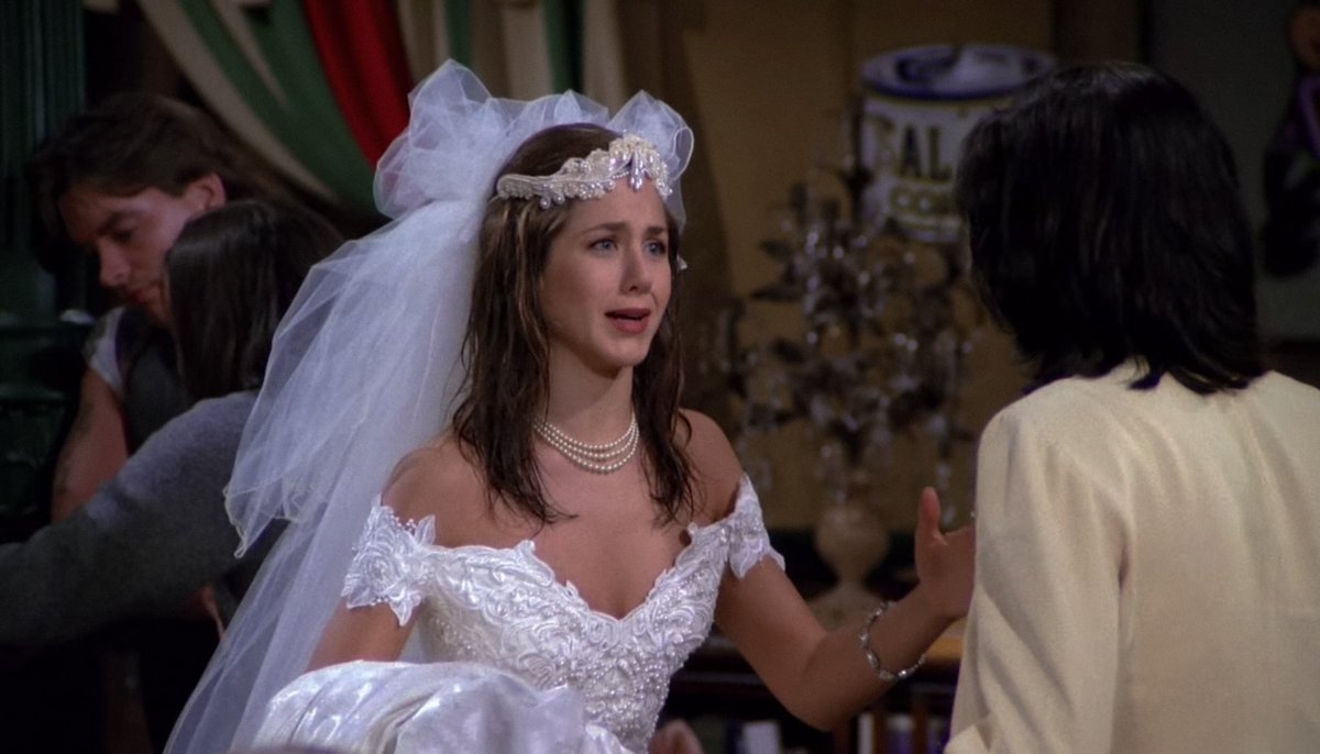 aniistonn's tweet photo. 30 years ago, rachel green walked into central perk in her wedding dress and the rest was history https://t.co/gvI6KwDjhn