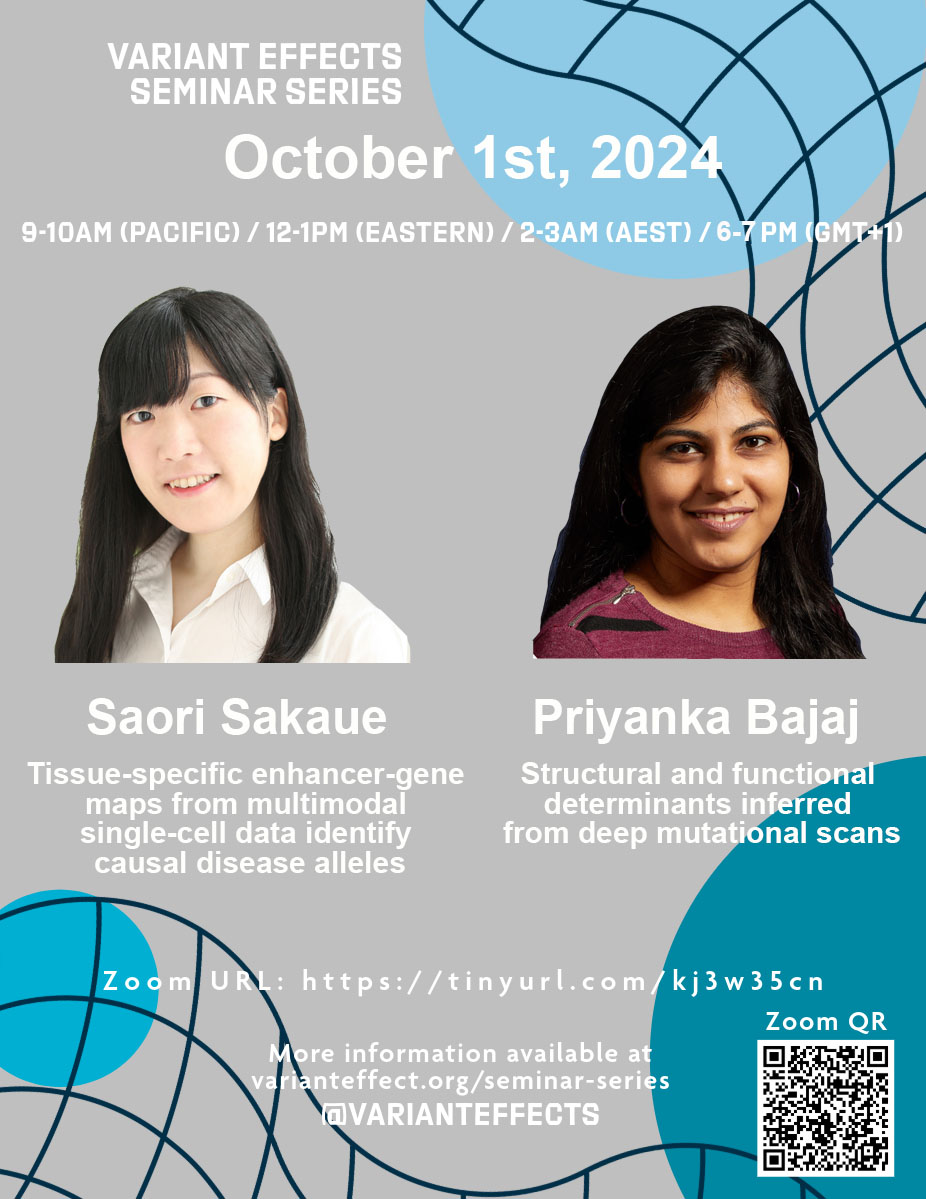 Atlas of Variant Effects Alliance (@varianteffects) on Twitter photo 📌🗓️Coming up on October 1st, 2024 with Saori Sakaue (<a href="/saorisakaue/">Saori Sakaue</a> <a href="/broadinstitute/">Broad Institute</a> <a href="/harvardmed/">Harvard Medical School</a> Incoming Assistant Professor <a href="/uwgenome/">UW Genome Sciences</a>) and Priyanka Bajaj (@Priyank67495046 <a href="/UCSF/">UC San Francisco</a>) ℹ️varianteffect.org/seminar-series 📌🗓️Coming up on October 1st, 2024 with Saori Sakaue (<a href="/saorisakaue/">Saori Sakaue</a> <a href="/broadinstitute/">Broad Institute</a> <a href="/harvardmed/">Harvard Medical School</a> Incoming Assistant Professor <a href="/uwgenome/">UW Genome Sciences</a>) and Priyanka Bajaj (@Priyank67495046 <a href="/UCSF/">UC San Francisco</a>) ℹ️varianteffect.org/seminar-series