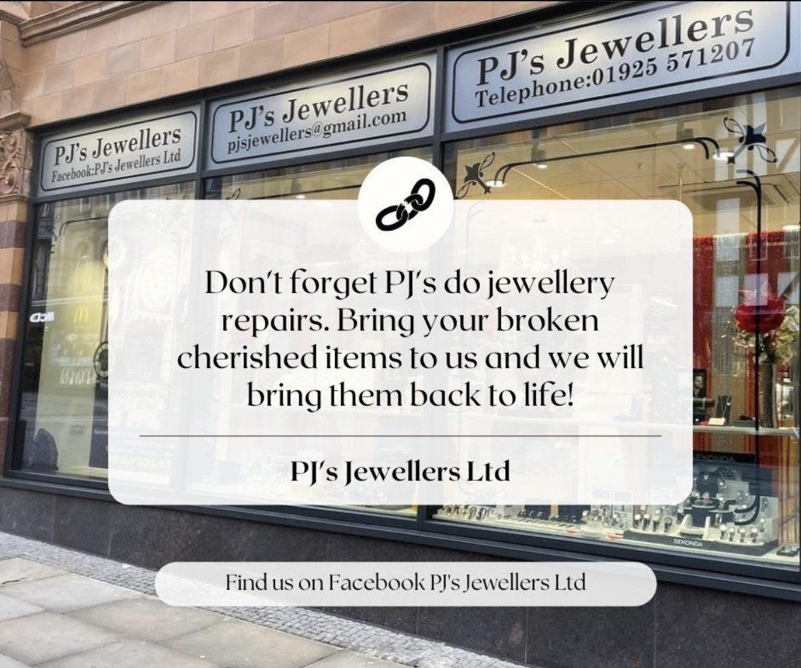 PJsJewellers's tweet photo. Has your favourite chain snapped? Has your sentimental ring lost one of its precious stones? Does one of your rings need re-sizing? Or has your favourite piece of jewellery lost its shine? Bring it in to PJ's Jewellers in Warrington Market. #jewelleryrepair https://t.co/RFntOVjaeX