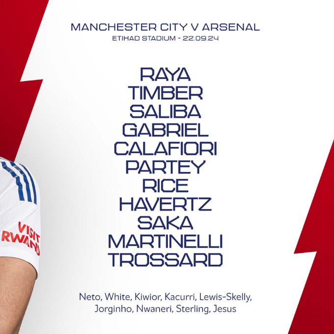 Starting XI Arsenal vs Manchester City