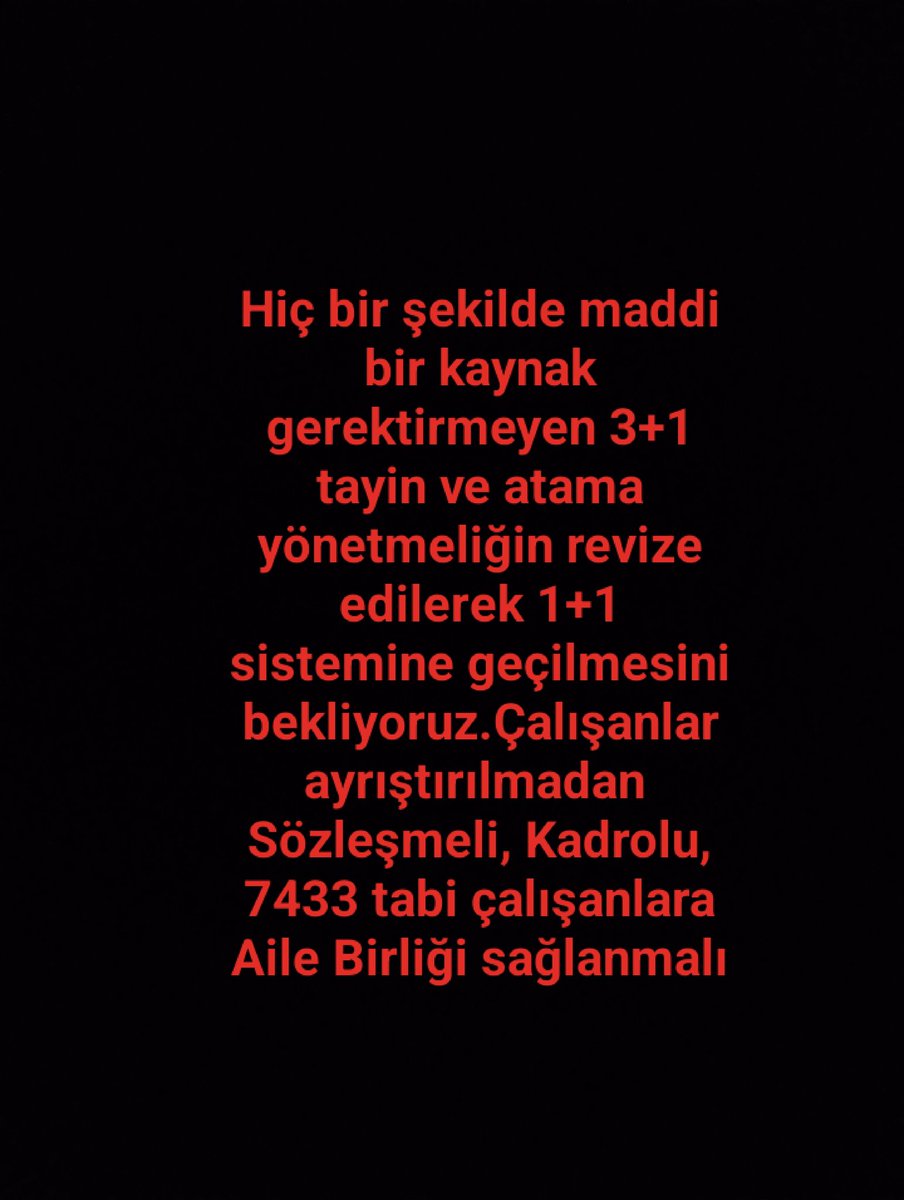 3+1 in 1+1 olması konusunda desteğinizi bekliyoruz. Hiç kimse 4 yıl ailesinden ayrı kalmayı hak etmiyor. Ne devletimiz mağdur olmasın nede daha fazla çalışan, aileler ve evlatlar. <a href="/RTErdogan/">Recep Tayyip Erdoğan</a> <a href="/Yusuf__Tekin/">Yusuf Tekin</a> <a href="/erbakanfatih/">Dr. Fatih Erbakan</a> <a href="/dbdevletbahceli/">Devlet Bahçeli</a> <a href="/_aliyalcin_/">Ali YALÇIN</a> <a href="/TalipGeylan06/">Talip Geylan</a> <a href="/oguzozat/">Oğuz ÖZAT</a>