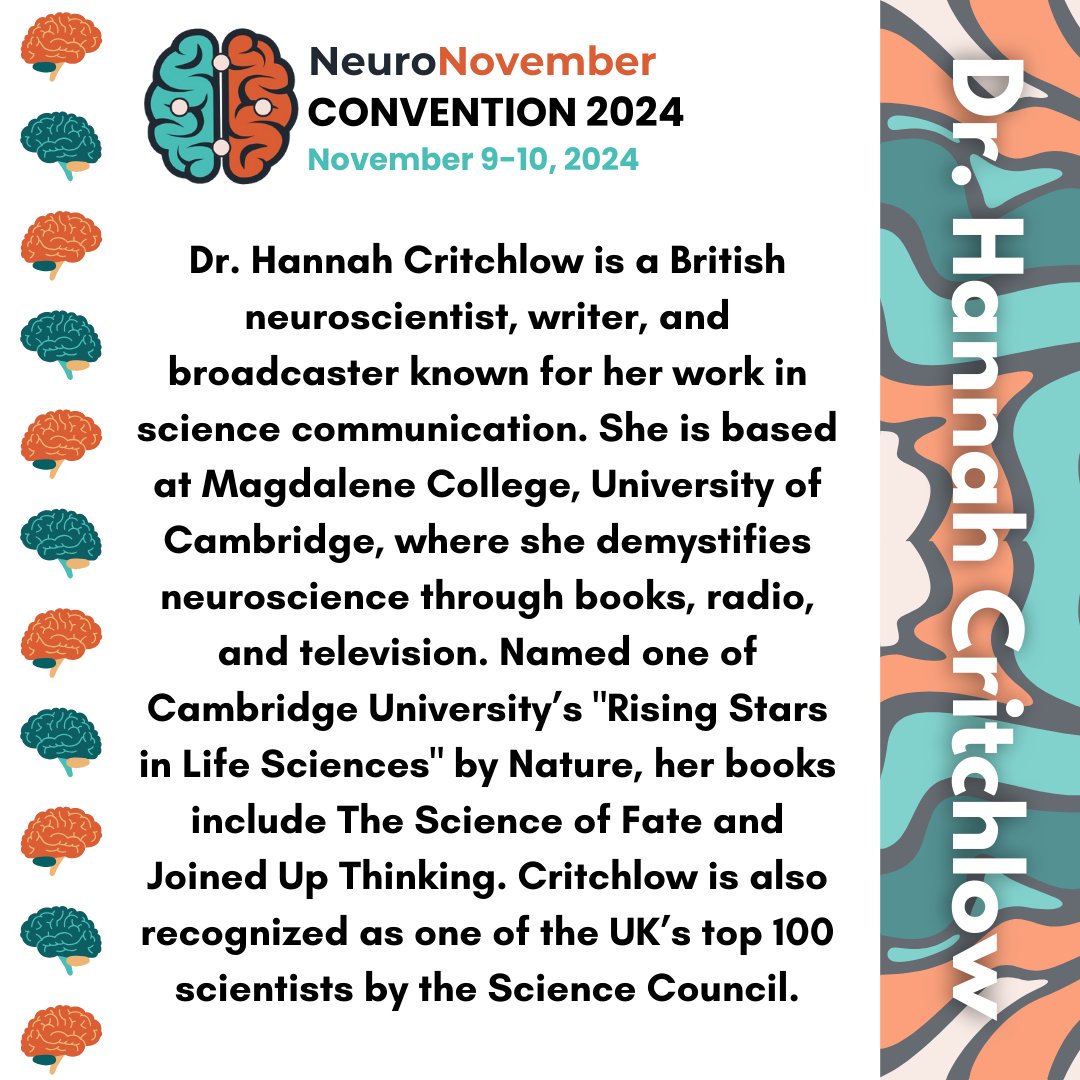 NeuroNovember's tweet image. Next up: we welcome Dr. Hannah Critchlow, neuroscientist, writer, and broadcaster, is best known for her work in science communication. βοΈπ§
Read more here! β‘οΈ
#Neurology #Neuroscience #conference #neuronov2024 #neuronovember #science #brainscience #sciencecommunication
