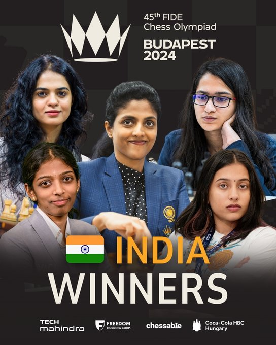 ANI's tweet photo. India wins the 45th FIDE Women's Chess Olympiad. Congratulations to Harika Dronavalli, Vaishali Rameshbabu, Divya Deshmukh, Vantika Agrawal, Tania Sachdev and Abhijit Kunte (Captain).

Source: International Chess Federation (FIDE) https://t.co/rCbwHBc8Ge