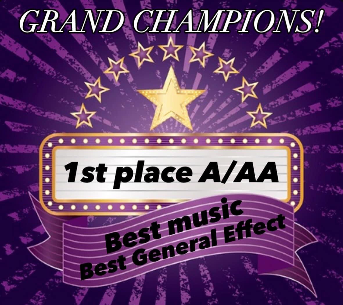 BurdickNRBand's tweet photo. We couldn’t be prouder of our NRHS Marching Band and how they performed tonight in Perkins!
Best music ✅
Best General Effect ✅
1st place in A/AA group ✅
Aannnnddd GRAND CHAMPIONS!! ✅💪🏻🎉💜🎶💛 https://t.co/woAqWkodkF