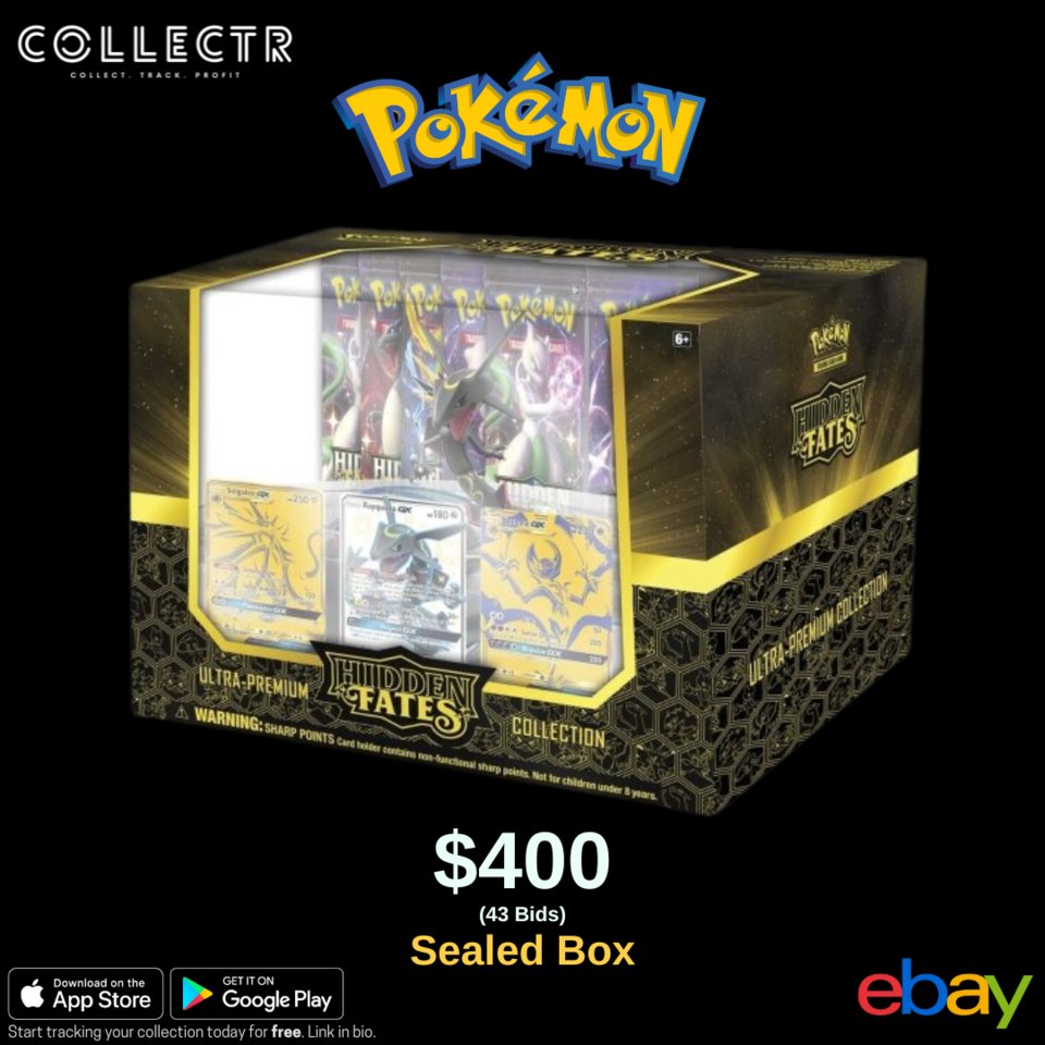 getcollectrapp's tweet photo. A Sealed #HiddenFates Ultra Premium Collection box just sold in auction on #eBay for $400.

#pokemontcg #collectibles #pokemoncards #pokemoncommunity #pokemoncollector #PokemonCollection #PokemonCardCollector #PokemonCardGame #PokemonCardArt https://t.co/UTDmHKpw8S