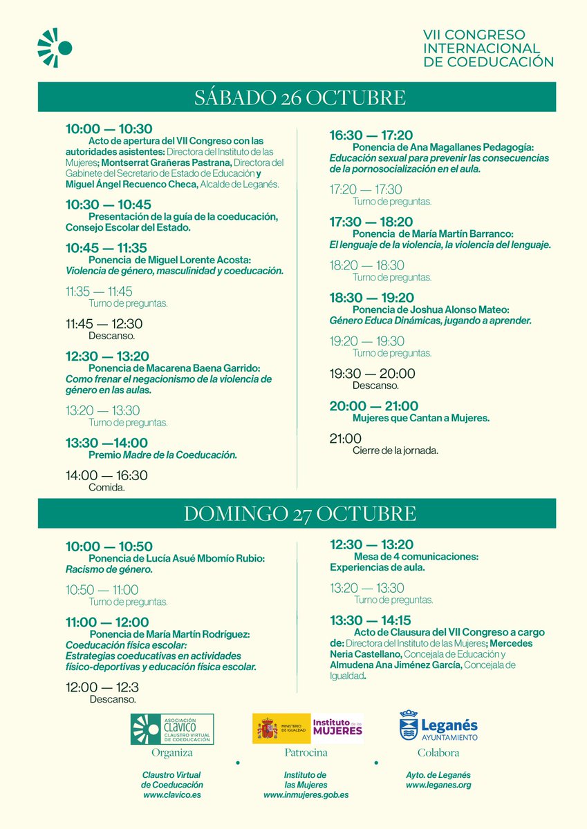 CLAVICO_'s tweet photo. 26 y 27 de octubre en el C.C. Rigoberta Menchú en Leganés, VII Congreso Internacional de coeducación.
Patrocinado por @InstMujeres
Colaboran @MercedesULEG @marecuencopp @IgualdadLeganes
Inscripciones en https://t.co/Ju17g65PpL
#yocoeduco #igualdad #clavico https://t.co/99rLNou16p
