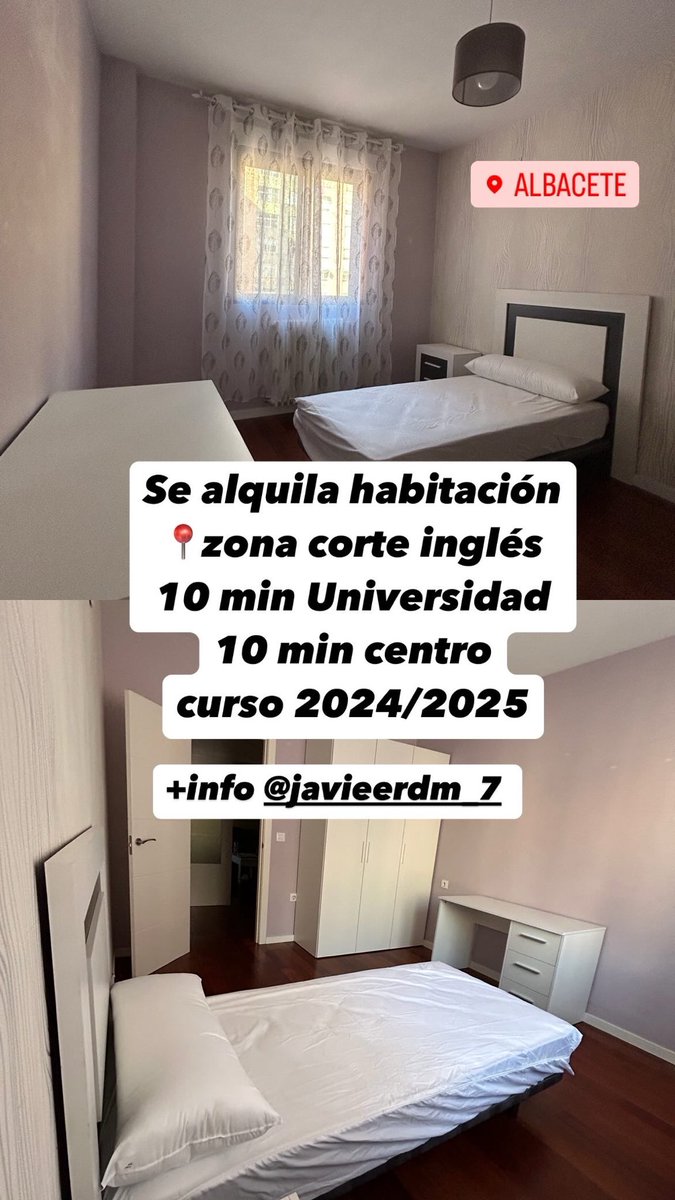 javieerdm_7's tweet photo. Se alquila habitación zona corte inglés, 10 min Universidad, 10 min centro Albacete, curso 2024/2025
#alquiler #queydondeestudiar2024 #albacete #pisoestudiantes https://t.co/8Xl5joIxTN