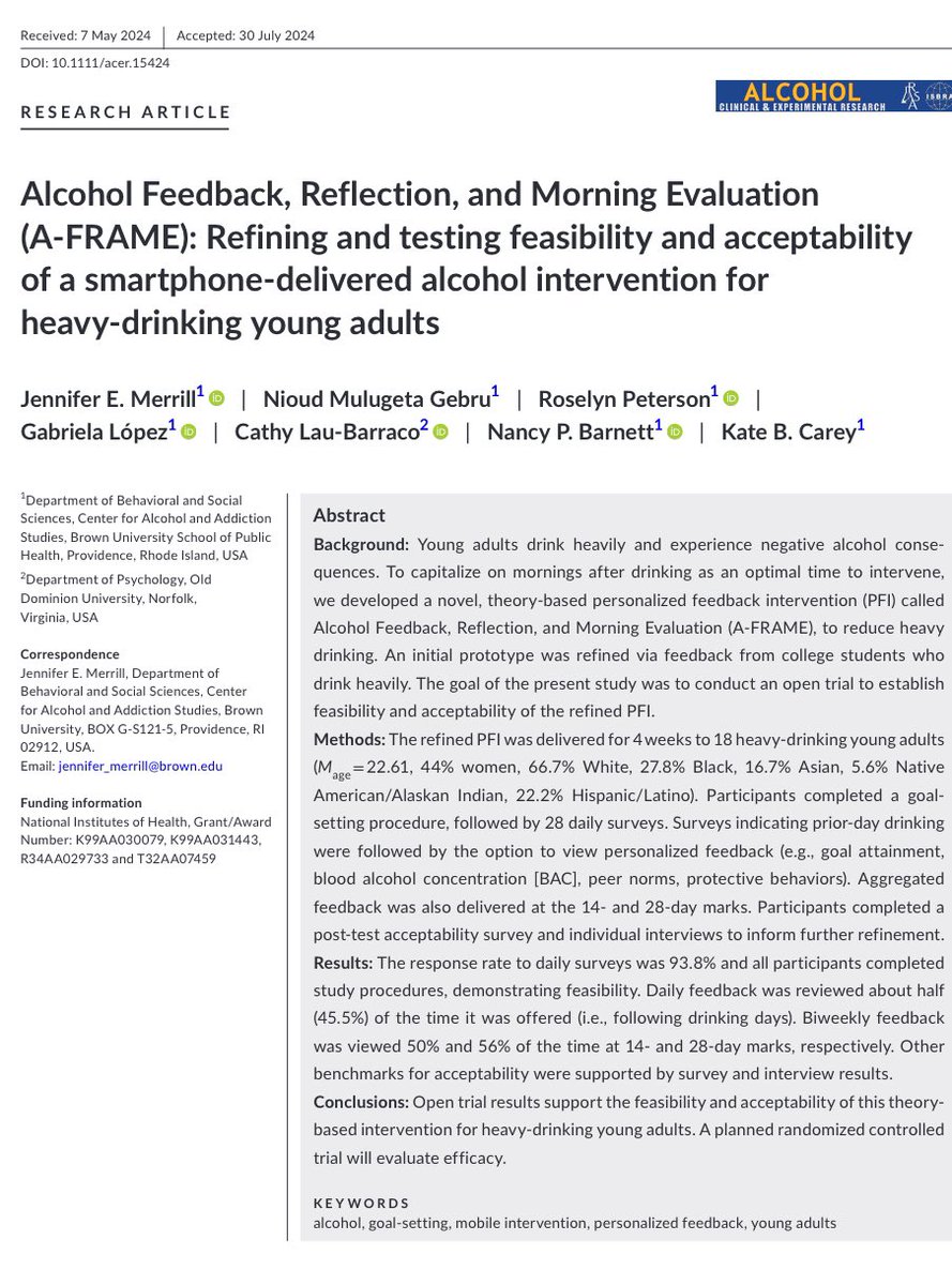 Dr. Roselyn Peterson, PhD (@rosepetersonphd) on Twitter photo Very excited to see the first paper from <a href="/JenMerrillPhD/">Jennifer Merrill</a> R34 in ACER 🎉 It’s been so much fun working on project Alcohol Feedback, Reflection, and Morning Evaluation (A‐FRAME)! #AcademicX #AcademicChatter
doi.org/10.1111/acer.1… Very excited to see the first paper from <a href="/JenMerrillPhD/">Jennifer Merrill</a> R34 in ACER 🎉 It’s been so much fun working on project Alcohol Feedback, Reflection, and Morning Evaluation (A‐FRAME)! #AcademicX #AcademicChatter
doi.org/10.1111/acer.1…