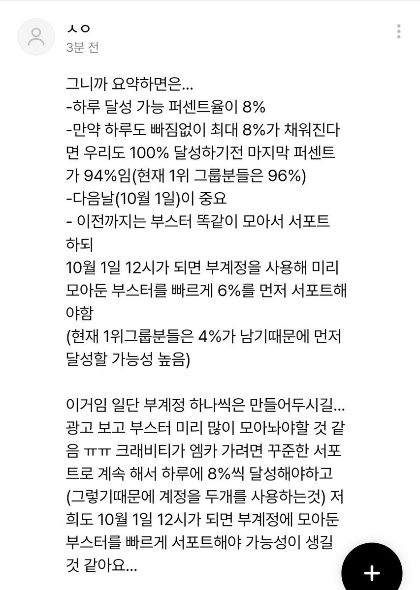 스핀깅이 알려주셧는데,,,
저희 서포트 하루 달성 퍼센트가 8%인데 이렇게 꾸준히 간다고 치면 100% 전날이 94%입니다 6%가 남은 상황에서 다음날 새벽은 정말 중요할것같습니다ㅜㅜ 선착순이라 먼저 달성되는게 중요하기때문에 저희도 부계정 만들어서 미리 부스터 모아두면 좋을 것 같아요
자세한건