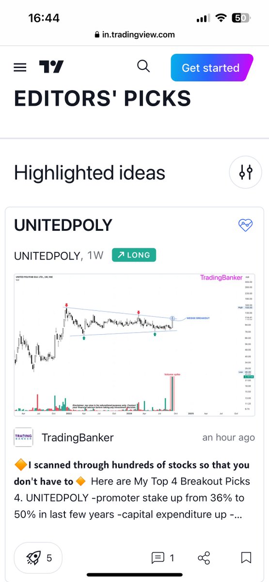 TradingBanker's tweet photo. 🔸@tradingview chose 𝐔𝐍𝐈𝐓𝐄𝐃𝐏𝐎𝐋𝐘 as an editor's pick🔸
-promoter stake up from 36% to 50% in last few years
-capital expenditure up
-highest ever sales and may benefit from the Bangladesh fiasco
#unitedpoly #breakoutstocks #stockmarketindia https://t.co/UfeUxqTAkv