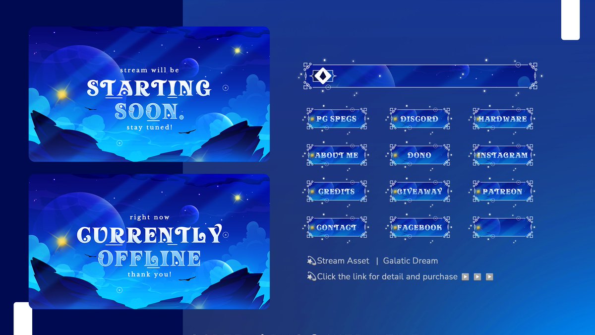 Stream_Bliss's tweet photo. 🚀 Get lost in the stars with Galactic Dream overlay pack! 🌌 Perfect for taking your stream to a whole new universe. 🌟 

Click link for detail &amp; purchase
▶️https://t.co/XugfdAALn2

Happy Shopping
#StreamOverlay #GalacticVibes #Celestial #Blue #SkyDreams #Vtuber #Streamer #Art https://t.co/dqfiSAka1Y