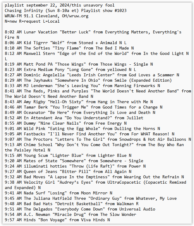 Ed Zeitz (@edzeitz) on Twitter photo my <a href="/WRUW/">WRUW-FM 91.1</a> playlist this am ft @lunar_vacation <a href="/kid_tigrrr/">kid tigrrr</a> <a href="/maxwellstern/">maxwell stern</a> <a href="/mattpondpamusic/">Matt Pond PA</a> <a href="/drgnkingDOM/">dominic angelella</a> <a href="/GlennDonaldson/">The Reds, Pinks & Purples</a> <a href="/AmyRigby/">Amy Rigby</a> <a href="/TamarBerk/">Tamar Berk</a> <a href="/oceanator/">oceanator</a> @enattendantana <a href="/WildPinkNYC/">Wild Pink</a> <a href="/ChimeSchool/">Chime School</a> <a href="/young_scum/">Young Scum</a> <a href="/illuminatihotts/">illuminati hotties</a> <a href="/queenofjeansPHL/">Queen of Jeans</a> @VelocityGirlDC <a href="/nadasurf/">matthew caws</a> + more ⬇️ my <a href="/WRUW/">WRUW-FM 91.1</a> playlist this am ft @lunar_vacation <a href="/kid_tigrrr/">kid tigrrr</a> <a href="/maxwellstern/">maxwell stern</a> <a href="/mattpondpamusic/">Matt Pond PA</a> <a href="/drgnkingDOM/">dominic angelella</a> <a href="/GlennDonaldson/">The Reds, Pinks & Purples</a> <a href="/AmyRigby/">Amy Rigby</a> <a href="/TamarBerk/">Tamar Berk</a> <a href="/oceanator/">oceanator</a> @enattendantana <a href="/WildPinkNYC/">Wild Pink</a> <a href="/ChimeSchool/">Chime School</a> <a href="/young_scum/">Young Scum</a> <a href="/illuminatihotts/">illuminati hotties</a> <a href="/queenofjeansPHL/">Queen of Jeans</a> @VelocityGirlDC <a href="/nadasurf/">matthew caws</a> + more ⬇️