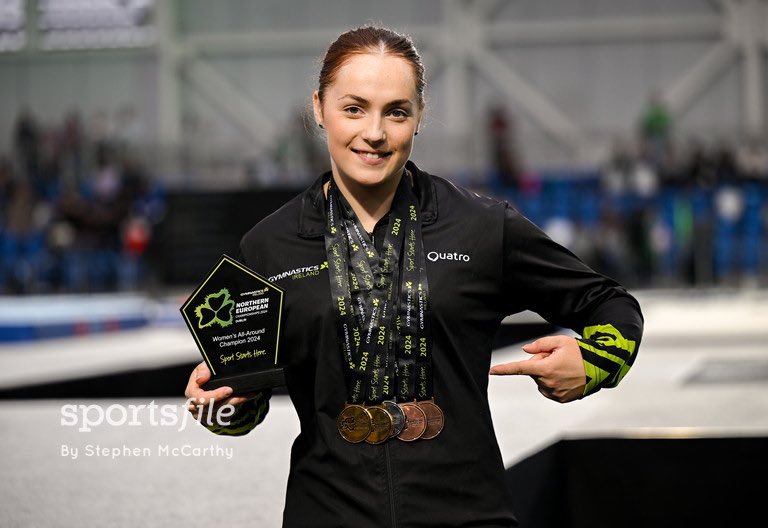 sportsfile's tweet photo. Emma Slevin of Ireland poses with the five medals she won during the Gymnastics Ireland hosted Northern European Championships 2024 at the National Indoor Arena.

📸 @SportsfileSteve 

https://t.co/6hMBz8HTrI https://t.co/UNISqfnLz7
