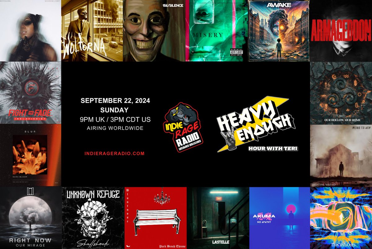 HeavyEnough Hour with Teri (@musicmatterstee) on Twitter photo Today 9pmUK Tune into <a href="/IndieRageRadio/">Indie Rage Radio</a>
🔊indierageradio.com
#HeavyEnough Hour feature the brilliant new music from-
<a href="/DefencesUK/">Defences</a> <a href="/FightTheFade/">Fight The Fade</a> #DarkBloom <a href="/ourmirage1/">ourmirage</a> <a href="/WolfornaUK/">Wolforna</a> <a href="/Unknown_Refuge/">UNKNOWN REFUGE</a> <a href="/156Silence/">156/Silence</a> @bluntnoseband +more
Info: facebook.com/HeavyEnoughHou… #NewMusicAlert Today 9pmUK Tune into <a href="/IndieRageRadio/">Indie Rage Radio</a>
🔊indierageradio.com
#HeavyEnough Hour feature the brilliant new music from-
<a href="/DefencesUK/">Defences</a> <a href="/FightTheFade/">Fight The Fade</a> #DarkBloom <a href="/ourmirage1/">ourmirage</a> <a href="/WolfornaUK/">Wolforna</a> <a href="/Unknown_Refuge/">UNKNOWN REFUGE</a> <a href="/156Silence/">156/Silence</a> @bluntnoseband +more
Info: facebook.com/HeavyEnoughHou… #NewMusicAlert