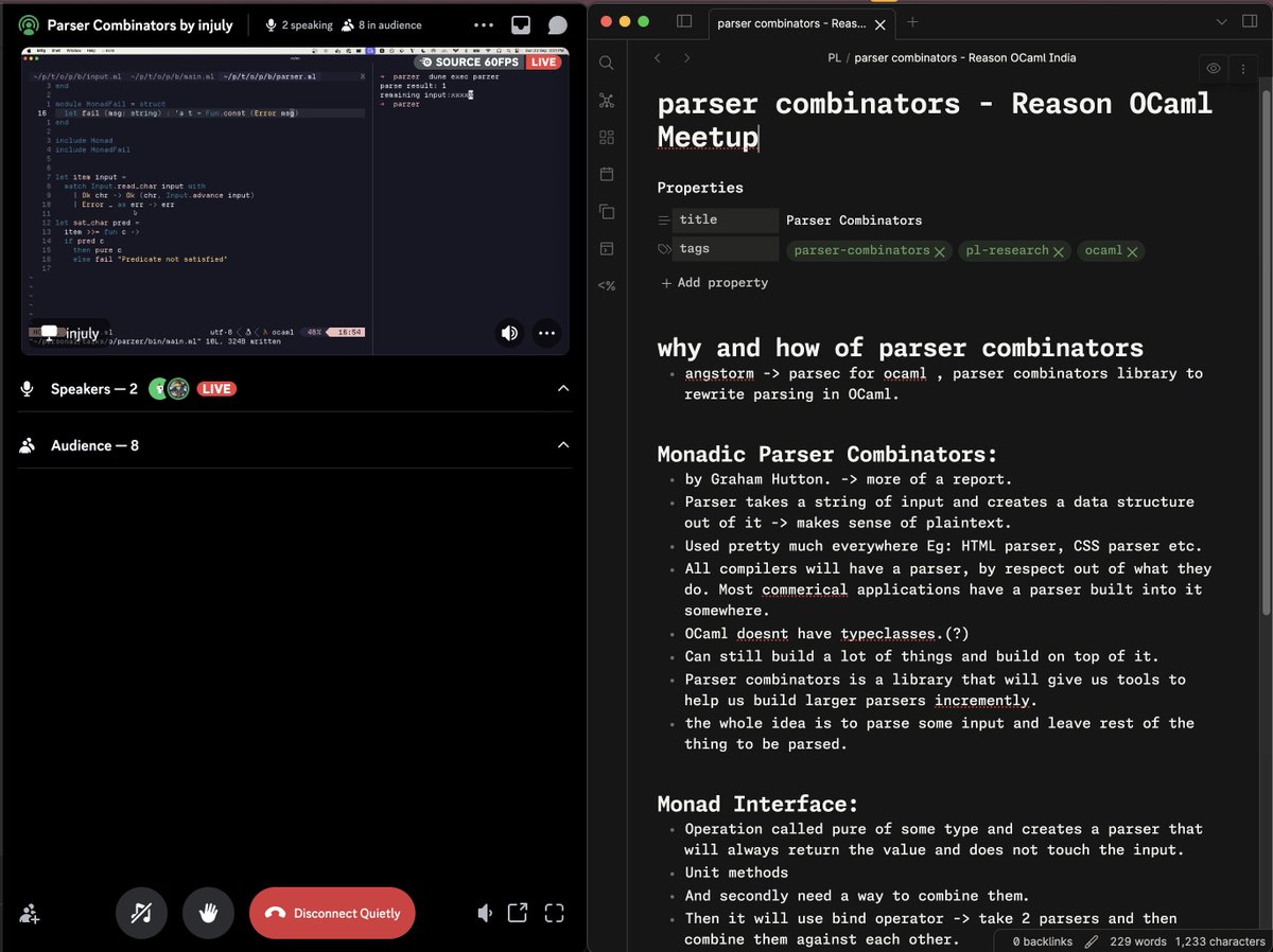 sagnik (@sagnikcw) on Twitter photo thanks for the awesome session today <a href="/injuly/">Mihwa Song</a> and <a href="/ManasJayanth/">prometheansacrifice (esy.sh)</a> on writing a Parser Combinator from scratch , will be exploring more about folds, monads and applicatives now :) thanks for the awesome session today <a href="/injuly/">Mihwa Song</a> and <a href="/ManasJayanth/">prometheansacrifice (esy.sh)</a> on writing a Parser Combinator from scratch , will be exploring more about folds, monads and applicatives now :)