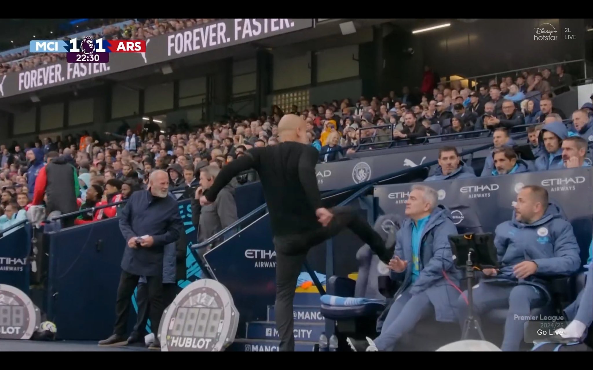 AFCnewsroom on X: "Pep Guardiola kicks a chair in frustration after Calafiori's equaliser. 👀 https://t.co/3Ha9p5mGIR" / X