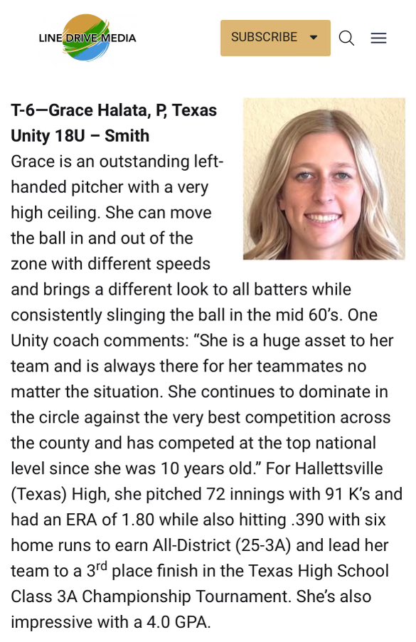 Thank you <a href="/LineDsoftball/">Line Drive Media</a> I’m feel truly honored to be ranked 6th in the 2026 class. I want to thank <a href="/TXUnitySmith/">Texas Unity Smith</a> , <a href="/LBteams/">Hallettsville Lady Brahma Athletics</a> , and all my teammates for always having my back on the field. I can’t wait for another great year ahead.