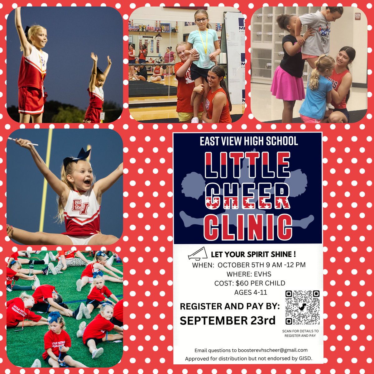Have you registered your little cheerleader yet for our fall clinic?
signupforms.com/registrations/…
<a href="/evpatriotcheer/">East View Patriot Cheer</a> <a href="/WolfRanchElem/">Wolf Ranch Elementary</a> <a href="/RoadrunnersWes/">WES_Roadrunners</a> <a href="/PurlPumas/">Purl Elementary</a> <a href="/CarverColts/">Carver Colts</a>
