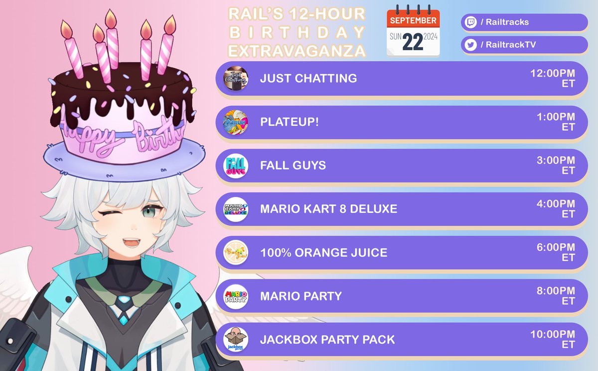 RailtracksTV's tweet photo. IT. IS. #RAILTIME!!!!

Birthday celebrations in full-swing: milestones, punishments, games, and more, and YOU'RE invited!

Come celebrate me escaping the womb! https://t.co/UyxLr2h6II