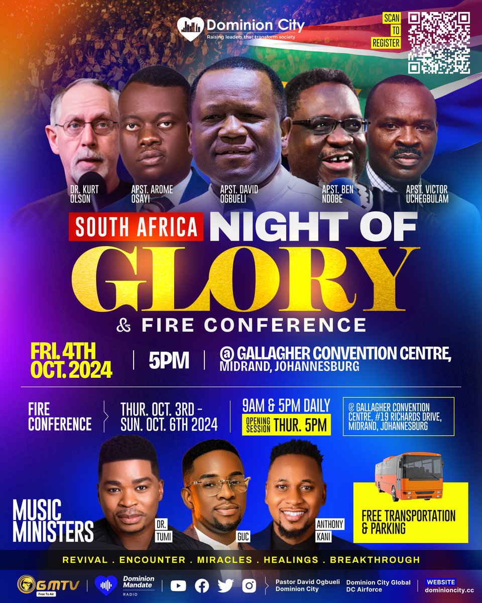 Prepare for a night of revival, miracles, and encounters with God on October 4th at the Night of Glory &amp; Fire Conference, South Africa.

Come expectant for transformation and spiritual upliftment. 

Spread the news!

#dominioncity #nightofglory #southafricaevents