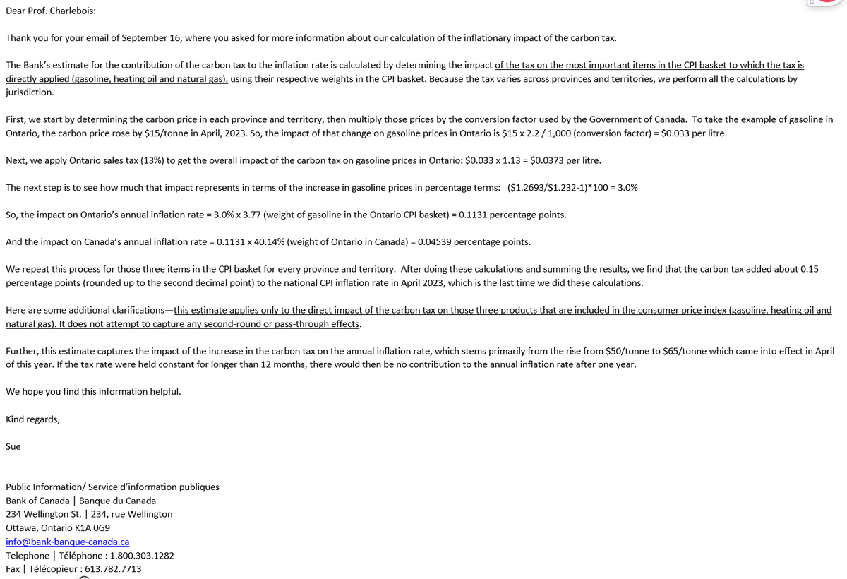 FoodProfessor's tweet photo. This is the email we received from @bankofcanada last year regarding calculations on how the carbon tax impacts inflation. The Bank was not pleased with us posting it.
Revealed the simplistic nature of calculations, excluding a significant portion of the economy, including food.