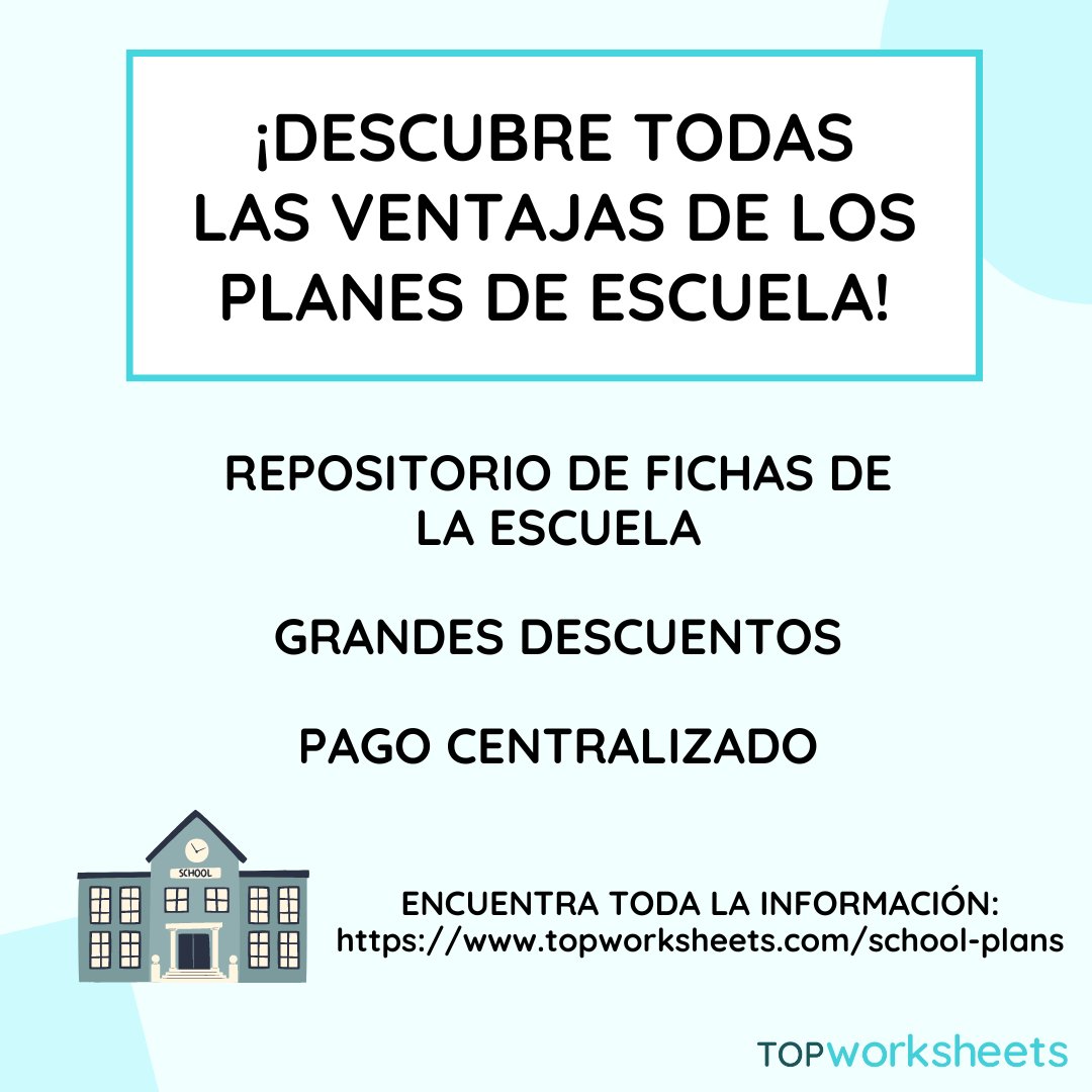 ¡Con los planes de escuela puedes compartir las ventajas de TopWorksheets con el resto de profesores! 🏫 Disfruta de todas las ventajas de los planes y consigue grandes descuentos 💸 Toda la información en topworksheets.com/school-plans