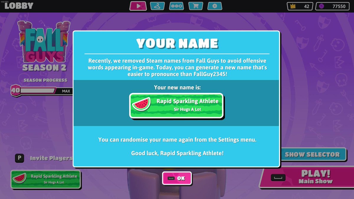 Javopatata115's tweet image. Do you remember the old Fall Guys names for PC. They were 3 random words and you could change them to other 3 different random words

They changed it in LS6 when you had the epic games names instead of the steam names

#FallGuys