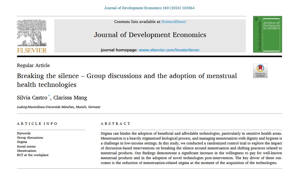 Information &amp; stigma lead to low adoption of menstrual products in 🇧🇩 

1-hour group discussions w/ women working in garment factories --&gt; ⬆️ WTP for pads by 25% &amp; use of antibacterial menstrual underwear by 14%

<a href="/castrofsilvia/">Silvia F Castro</a> &amp; Mang [<a href="/LMU_Muenchen/">Universität München</a>]

sciencedirect.com/science/articl…