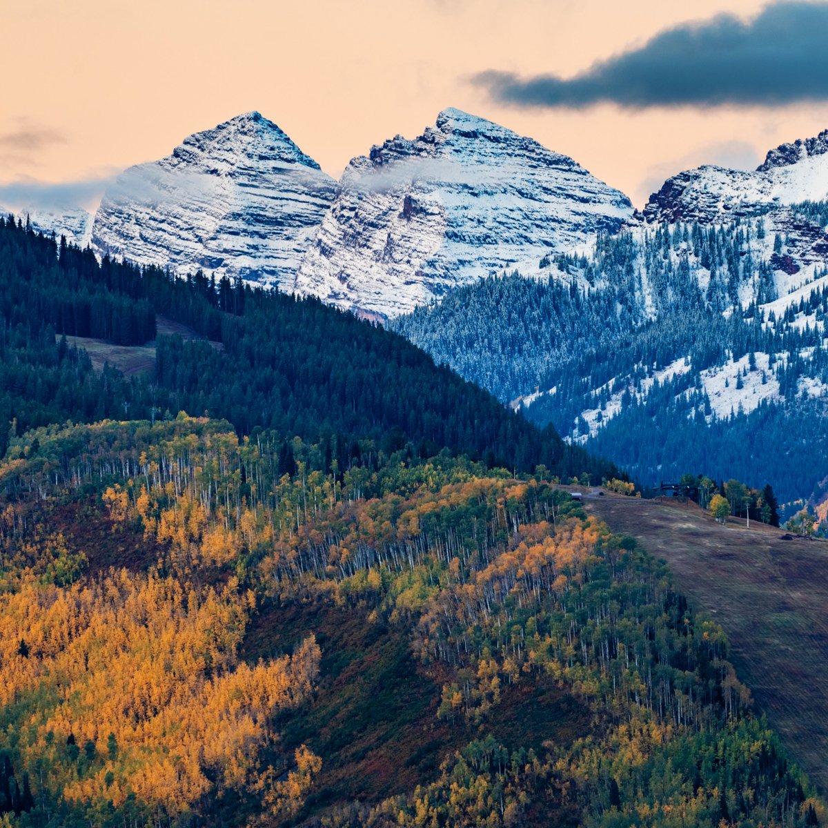 New snow on the Maroon Bells.  Photo from <a href="/AspenSnowmass/">Aspen Snowmass</a>