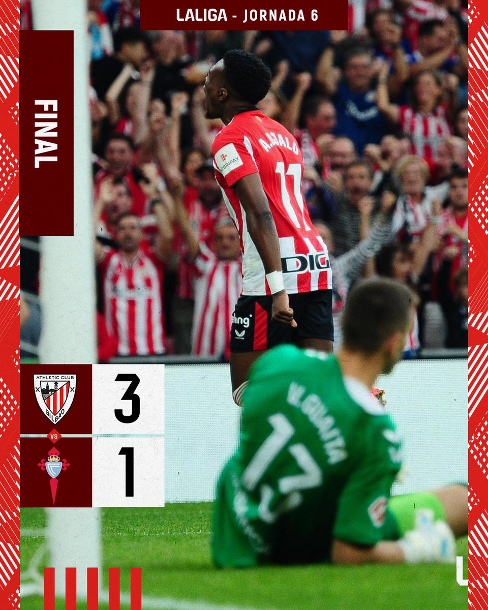 AthleticClub's tweet photo. 🥳 ¡FINAL! 

¡¡Tercera victoria consecutiva del Athletic!!

Los goles de Guruzeta, por partida doble, y Djaló, tumban a un atrevido Celta en San Mamés. 

#AthleticCelta #AthleticClub 🦁