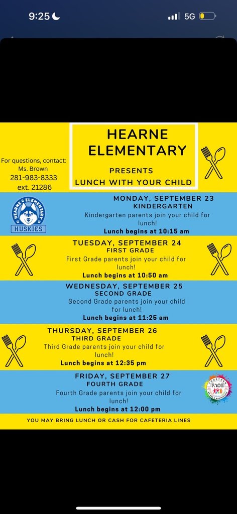 This week will be our first Lunch 🥗🍝🍱with your child week! This exciting week offers families a day to enjoy lunch time with their student on  a specific day of the week. Parents may bring in lunch or purchase a tray in our cafeteria line with cash. 🤔I.D. Required