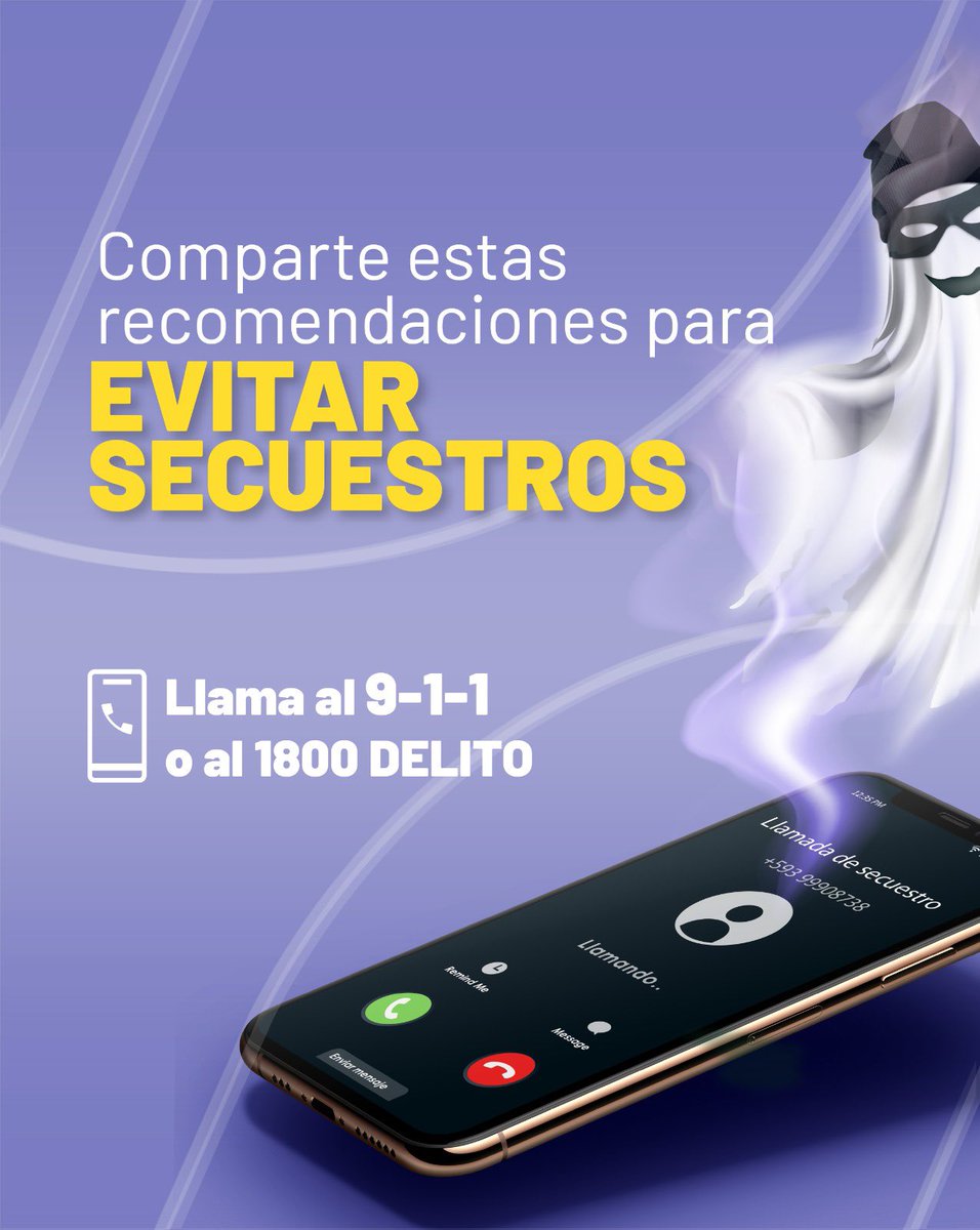 ECU911Austro's tweet photo. Sigue estas recomendaciones para evitar ser víctima de un secuestro.
Si un familiar o tú son víctimas de secuestro o extorsión llama al 9-1-1 o al 1800 DELITO (335486), opción 1.
#ECUTip https://t.co/S0SO86XOkR