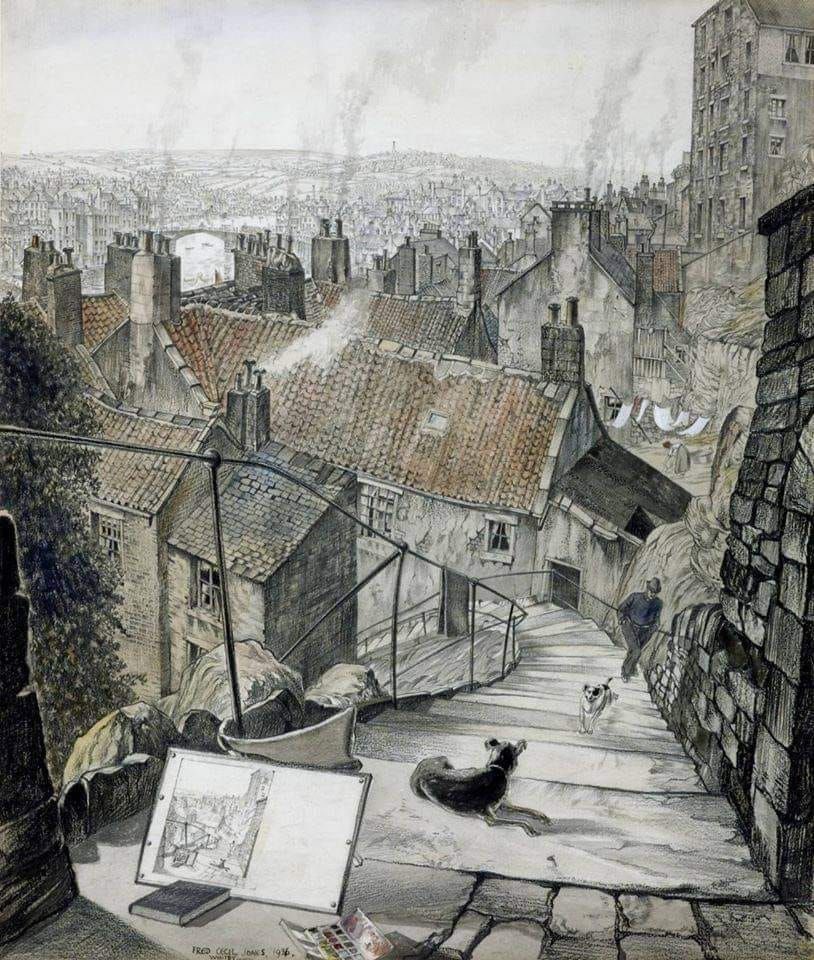 HWarlow's tweet photo. ‘Chimney Stacks and Winding Ways’
Whitby 1936
Fred Cecil Jones (1891-1956)
Graphite, Chalk, Watercolour and Gouache on Paper. https://t.co/6G7uLJOLR2