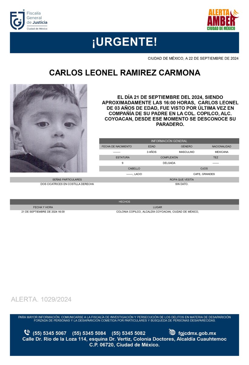 Se activa #AlertaAmber para localizar a un menor de tres años de edad, de nombre Carlos Leonel Ramírez Carmona, fue visto por última vez el día 21 de septiembre de 2024 en la colonia Copilco, alcaldía Coyoacán