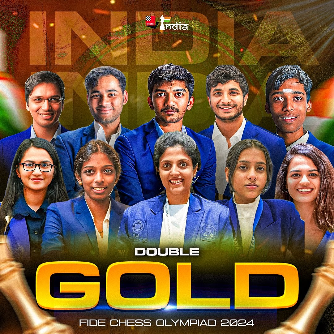 kaankit's tweet photo. डबल गोल्ड! 🥇 🥇🇮🇳

भारतीय शतरंज के लिए स्वर्णिम रविवार! 

पुरुष टीम के बाद भारतीय महिला शतरंज टीम ने बुडापेस्ट में चल रहे #ChessOlympiad टूर्नामेंट में अज़रबैजान को हराकर शीर्ष पर अपना नाम दर्ज करा लिया।🏆

इस ऐतिहासिक जीत के लिए भारतीय महिला टीम के सभी खिलाड़ियों को बहुत बधाई एवं शुभकामनाएं!

पूरे देश के लिए गर्व का क्षण!