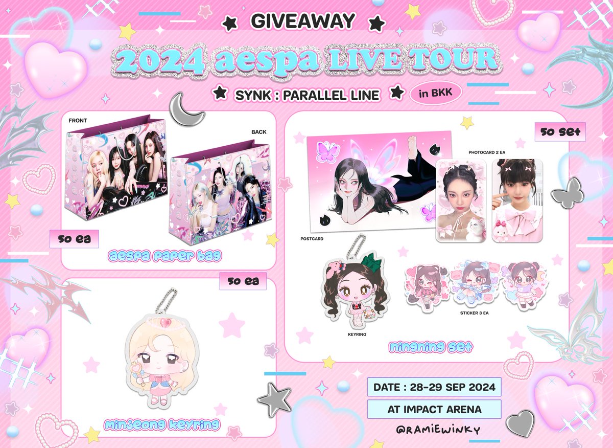 pls kindly rt 💞
∙ 𓈒 𐙚 giveaway #ramiegiveaway

♡ aespa paper bag
♡ Minjeong keyring
♡ Ningning set

⭐️ rt &amp; show this tweet

💘 Date : 28 - 29 Sep 2024
@ IMPACT ARENA

✿ for exchange pls dm
#aespaLIVETOUR2024_inBKK
#aespa_SYNK_PARALLELLINE_inBKK