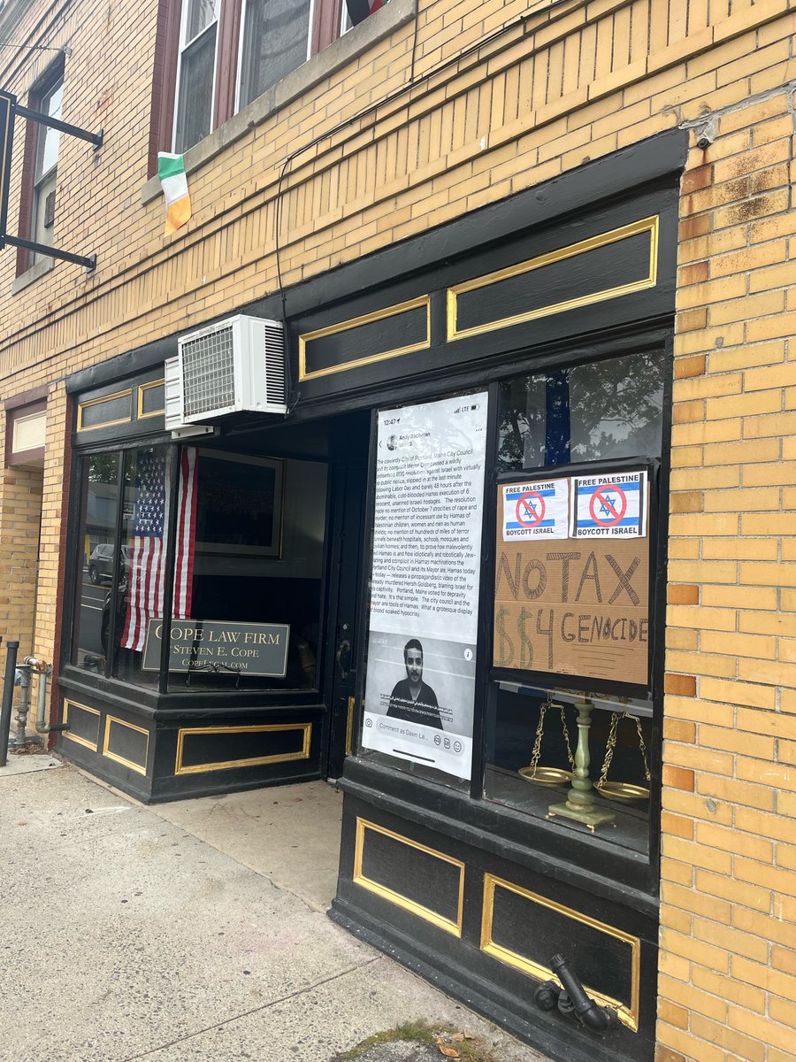 TheMaineWire's tweet photo. A Jewish lawyer in Portland has once again had his storefront vandalized with hateful anti-Israel propaganda. https://t.co/zw3TMQega5