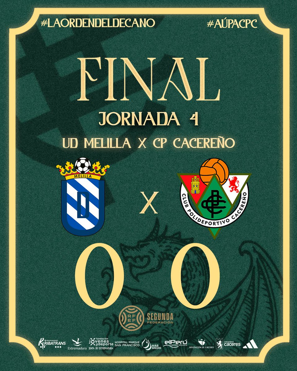 🔚 Final del partido.

#MelillaCacereño 🟢 0-0 🤍

#LaOrdenDelDecano #AúpaCPC