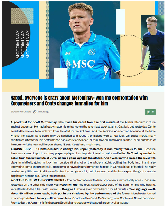 🏴󠁧󠁢󠁳󠁣󠁴󠁿🇮🇹| 𝙃𝙞𝙜𝙝 𝙋𝙧𝙖𝙞𝙨𝙚 𝙛𝙤𝙧 𝙈𝙘𝙏𝙤𝙢𝙞𝙣𝙖𝙮

An excellent review by <a href="/cmdotcom/">calciomercato.com</a>'s Giovanni Annuziata on Scott McTominay's first start for Napoli

Annuziata claims that the Napoli fans have "found themselves with a new idol"

Other news agencies including <a href="/CorSport/">Corriere dello Sport</a> have