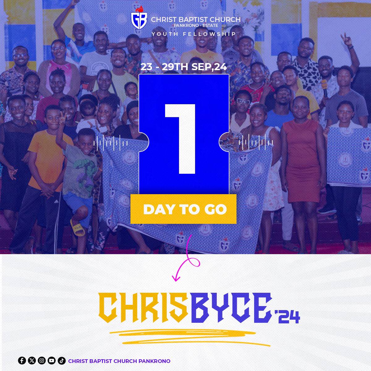CBCpankrono's tweet photo. "✨ 1 DAY TO GO! ✨
CHRISBYCE '24 kicks off tomorrow! 🙌 Are you ready for a week of spiritual growth, fun, and fellowship? Don't miss out on what God has in store for us! See you there! 🎉
#CHRISBYCE24 #YouthFellowship #ChristBaptistChurch" https://t.co/59Jo7WFuaR