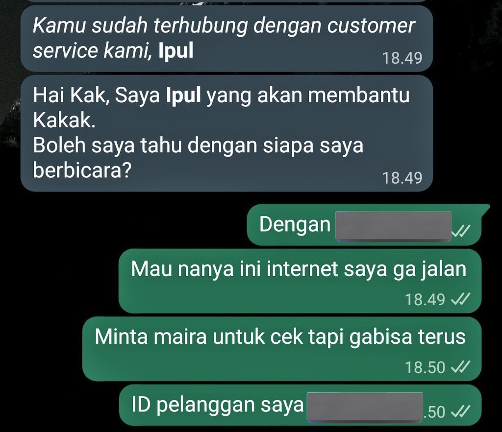 Dah gila kali ye mas ipul katanya chatan tapi ga dibales <a href="/MyRepublic/">MyRepublic</a> <a href="/ID_MyRepublic/">MyRepublic Indonesia</a> internetnya napa mati sendiri? Di modem keliatannya baik" aja. Lampu merah aja kaga ada. Masa kaga jalan