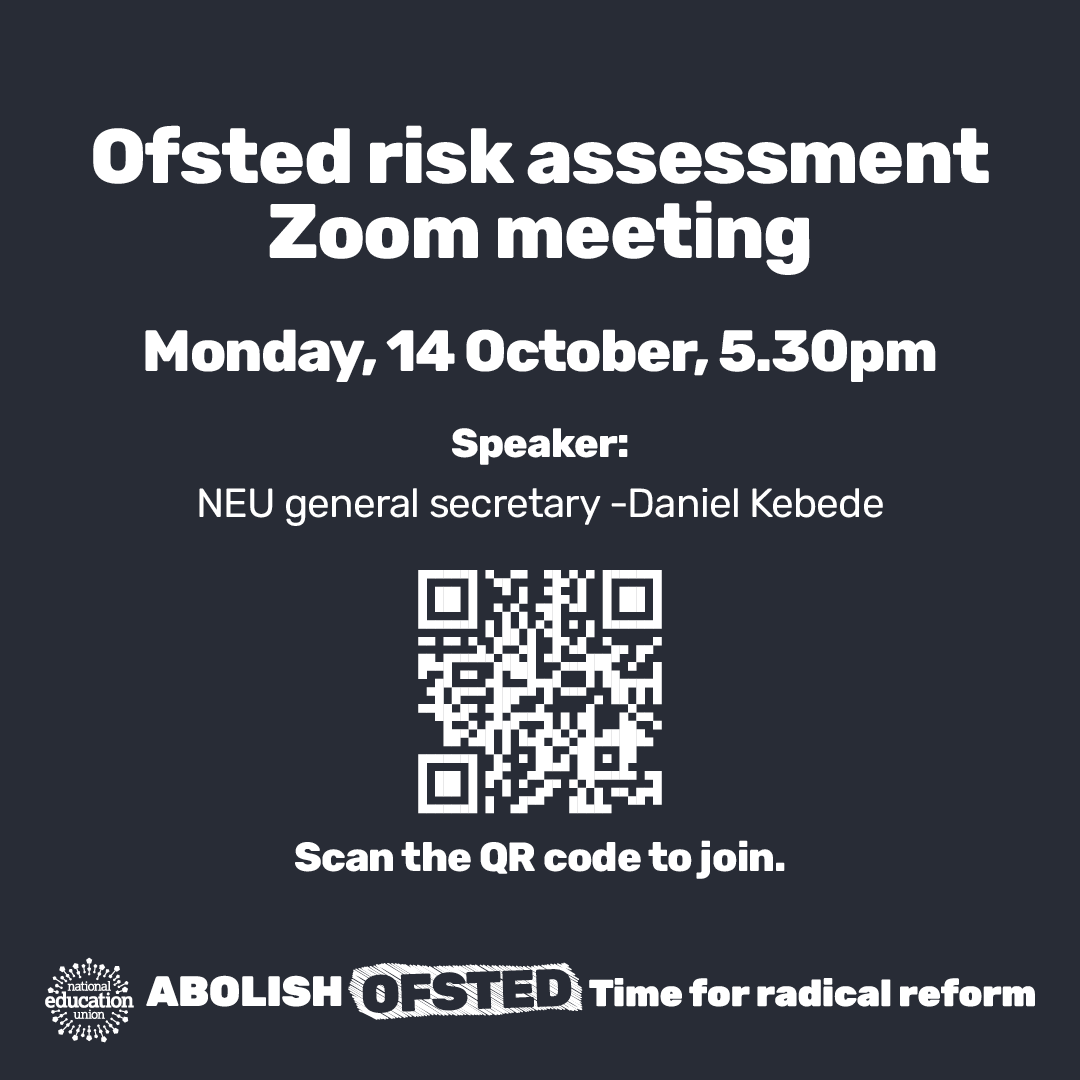 NEUnion's tweet photo. The scrapping of single word Ofsted judgements has been widely welcomed by the profession.  

Now we need root and branch reform of the inspectorate. 

Join us on October 14 for a Zoom call to discuss our Ofsted risk assessment. Click here to sign up 👉 https://t.co/7tXZP5LZ5K #AbolishOfsted