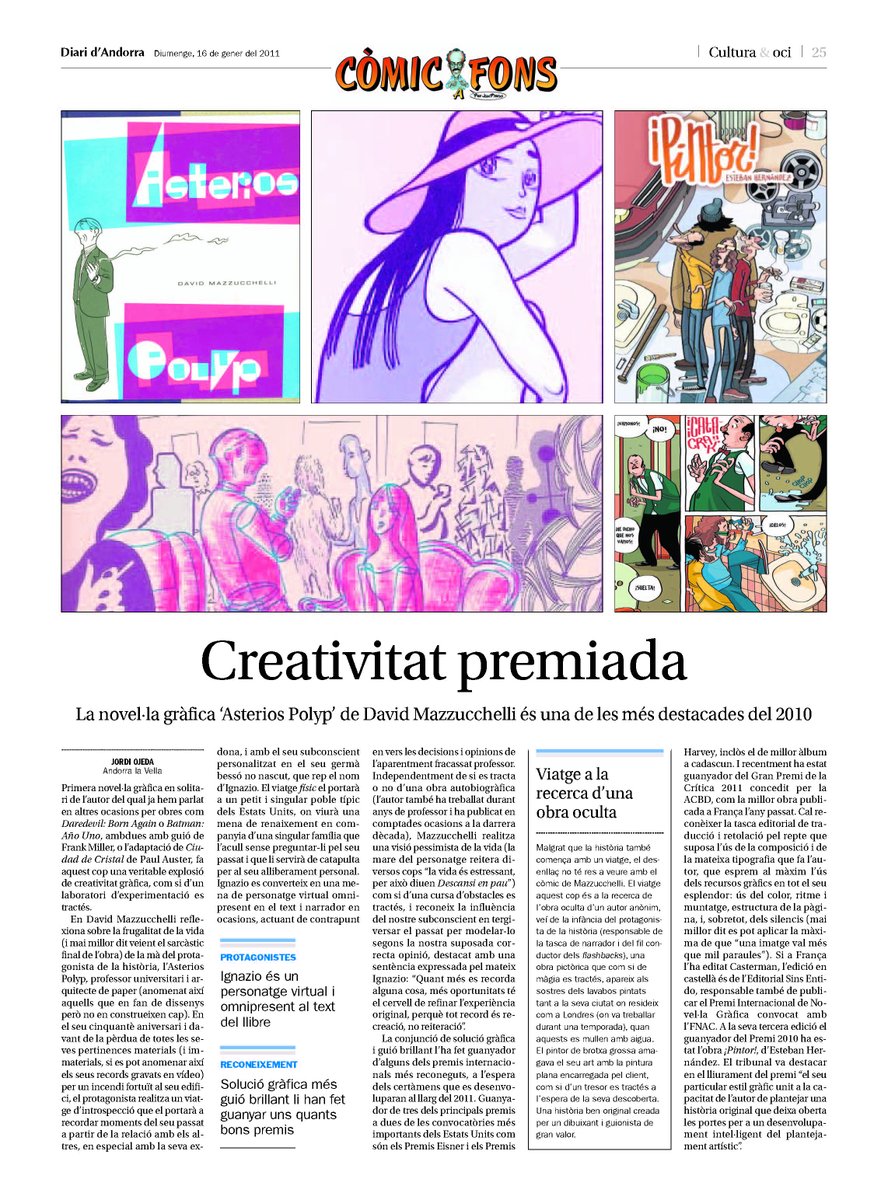 JordiOjeda's tweet photo. Buen momento para recuperar el artículo que le dediqué a #AsteriosPolyp de David Mazzucchelli, publicado en El Diari d'Andorra el 16 de enero de 2011, en la página de la sección de cultura dedicada al cómic.
Obra maestra publicada por @SalamandraGraph
https://t.co/YCooLTBwoc https://t.co/LMjTdirtzx