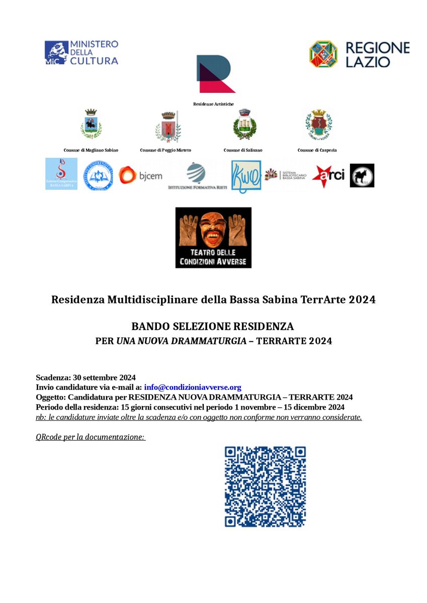 Due nuovi bandi della Residenza Multidisciplinare della Bassa Sabina TerrArte 2024: "I Notturni della Città" e "Una Nuova Drammaturgia".