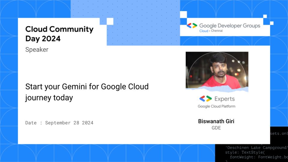 GDG Cloud Chennai (@gdgcloudchennai) on Twitter photo 📢 Speaker update for #GoogleCloudCommunityDay 2024 Chennai
Date : Sep 28, 2024
Speaker : Biswanath Giri ( <a href="/bgiri_gcloud/">Biswanath Giri</a>)
Talk : Start your Gemini for Google Cloud journey today
Event : gdg.community.dev/events/details…
#CloudCommunityDays
#GdgCloudChennai
#ccd2024 📢 Speaker update for #GoogleCloudCommunityDay 2024 Chennai
Date : Sep 28, 2024
Speaker : Biswanath Giri ( <a href="/bgiri_gcloud/">Biswanath Giri</a>)
Talk : Start your Gemini for Google Cloud journey today
Event : gdg.community.dev/events/details…
#CloudCommunityDays
#GdgCloudChennai
#ccd2024