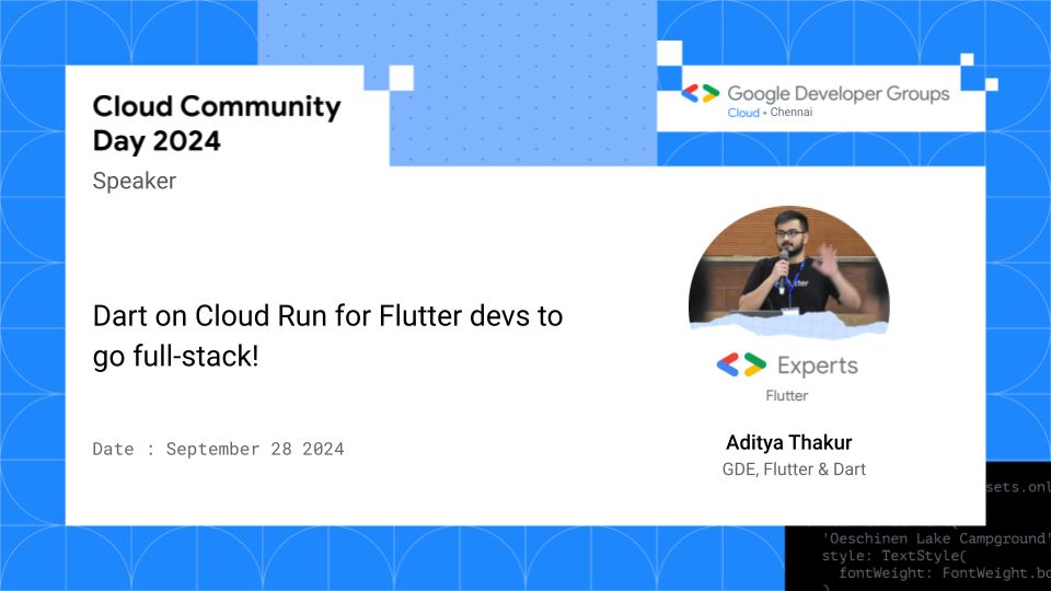 GDG Cloud Chennai (@gdgcloudchennai) on Twitter photo 📢 Speaker update for #GoogleCloudCommunityDay 2024 Chennai
Date : Sep 28, 2024
Speaker : Aditya Thakur ( <a href="/adityathakurxd/">Aditya Thakur</a> )
Talk : Dart on Cloud Run for Flutter devs to go full-stack!
Event : gdg.community.dev/events/details…
#CloudCommunityDays
#GdgCloudChennai
#ccd2024 📢 Speaker update for #GoogleCloudCommunityDay 2024 Chennai
Date : Sep 28, 2024
Speaker : Aditya Thakur ( <a href="/adityathakurxd/">Aditya Thakur</a> )
Talk : Dart on Cloud Run for Flutter devs to go full-stack!
Event : gdg.community.dev/events/details…
#CloudCommunityDays
#GdgCloudChennai
#ccd2024