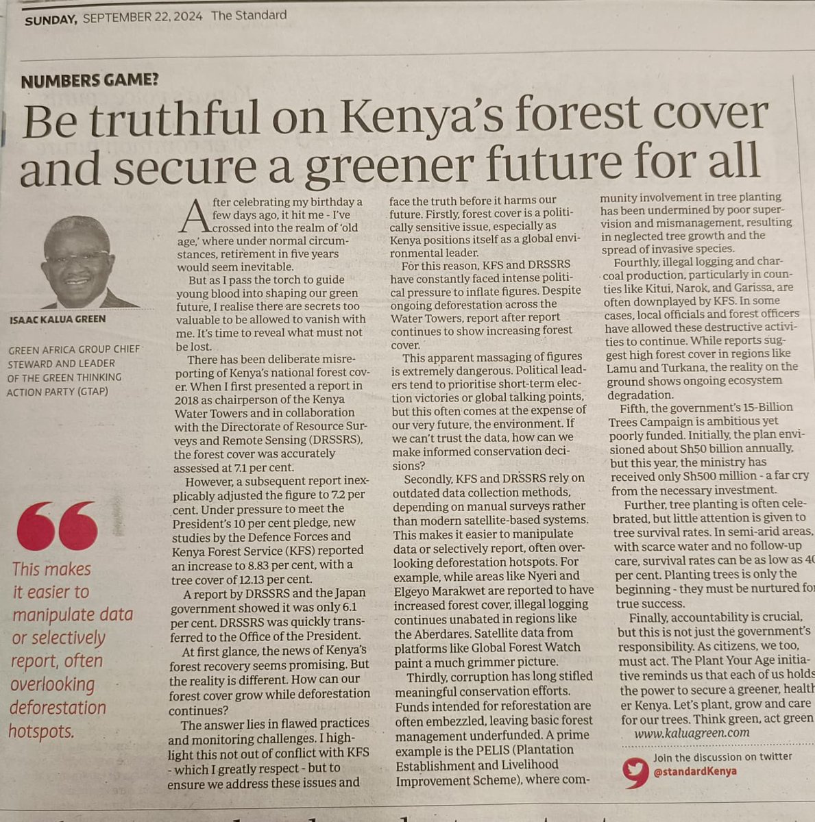 IsaacKalua's tweet photo. Is Kenya’s forest cover really growing, or are we being misled by inflated numbers? 

We must demand truth and accountability. Deforestation is rampant, yet reports suggest growth. Let’s ensure real conservation, not just data manipulation.

#PlantYourAge is one solution. Let’s act now!
