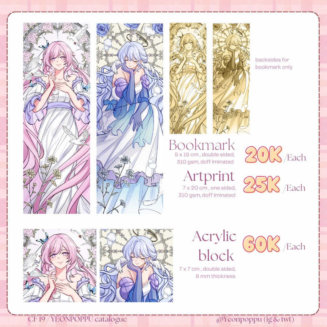 [RT/like appreciated] 
Yeonpoppu #Comifuro19 #cf19 Catalogue for pre order

Available for pick up at booth Sigma Impact (both days) and mail orders

PO period = 22 Sept - 2 Okt 2024
form : forms.gle/V5B7ostwaUqy5M…

Fandom : Elysia Honkai Impact 3rd, genshin, honkai star rail
(1/3)