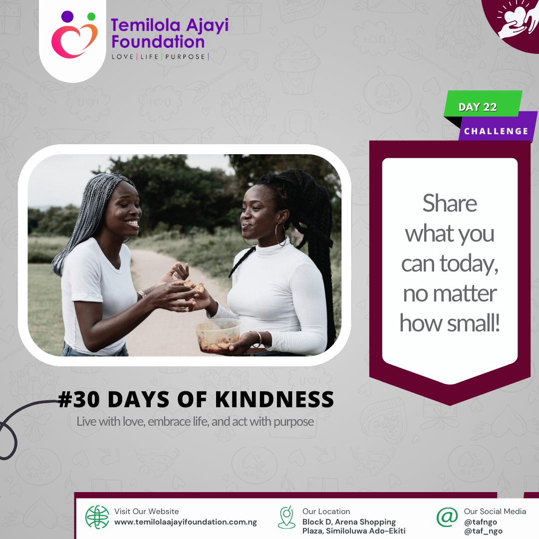 taf_ngo's tweet image. When we share what we have, it can make life easier for those around us.

Today, look for simple ways to share something with someone it could be a meal or even just your time. 

The simplest act of sharing can brighten someone’s day.

#30DaysofKindness