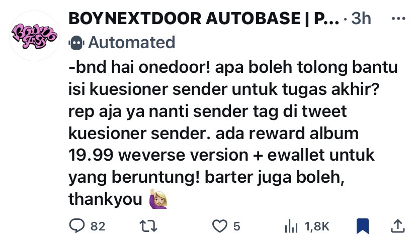 hai aku sendernya! link kuesioner aku drop di bawah ya. kriteria yang aku butuhin “perempuan penggemar boy group kpop” &amp; karena kuesioner ini sifatnya tidak meminta informasi pribadi, nanti kalian boleh reply aja ya ssan kalau sudah selesai ngerjainnya 𐙚

forms.gle/2mYG4JJULFSgXs…